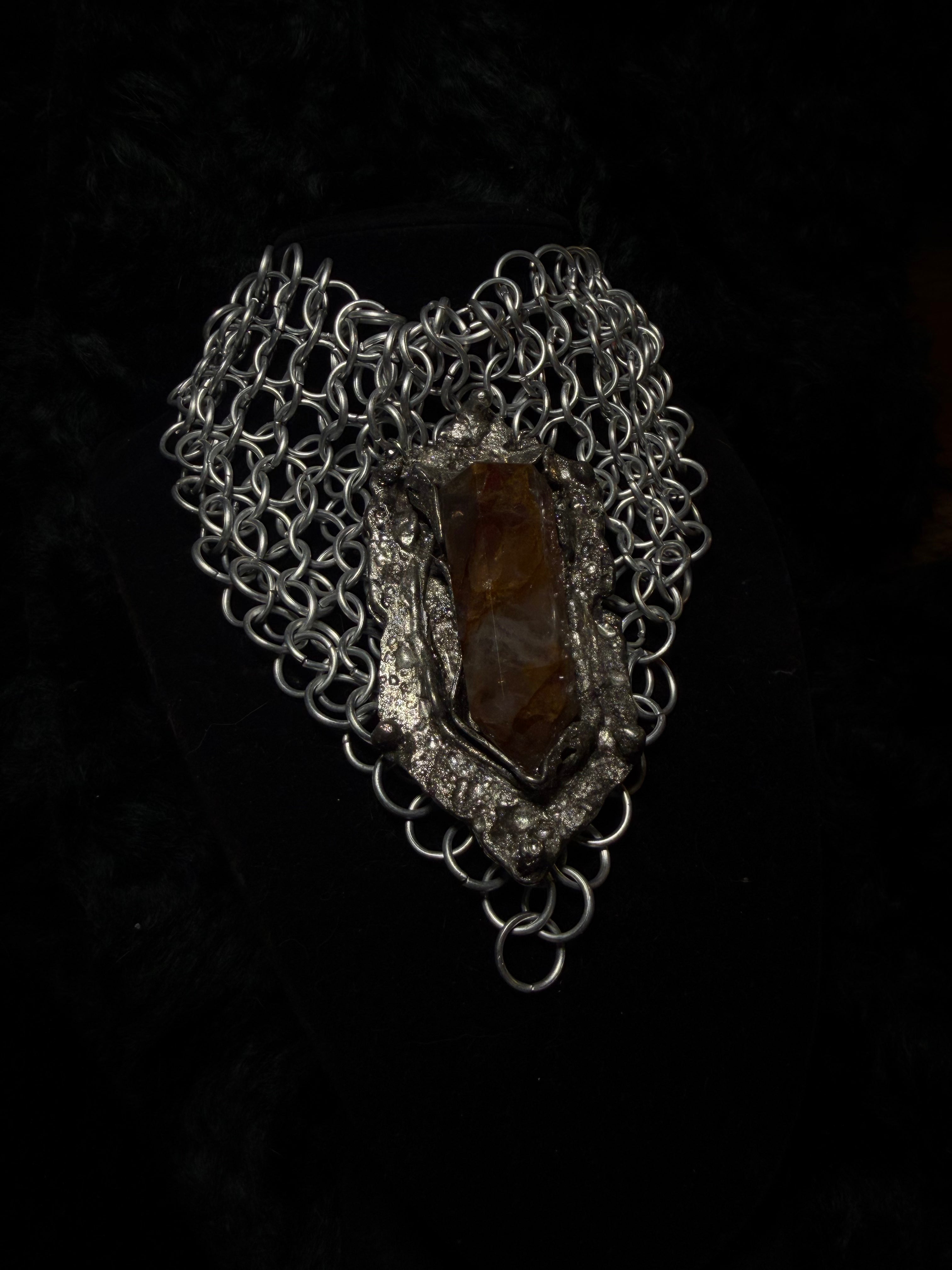 The Alchemist's Heart — Iron-Stained Quartz Chainmail Armor Necklace
